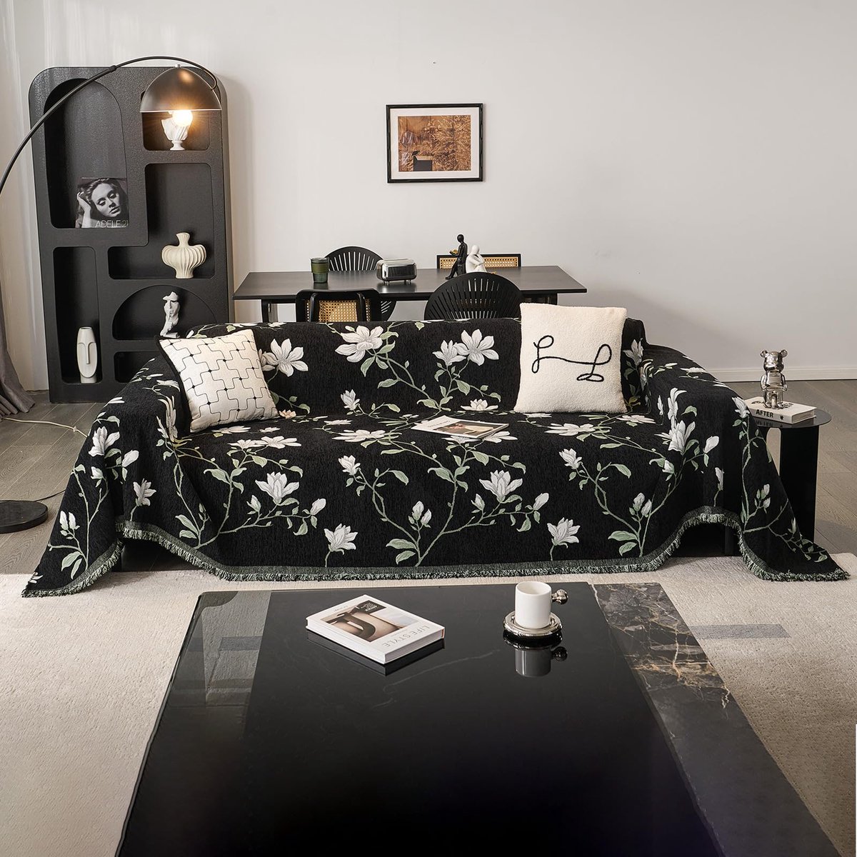 Sofa Gooit Magnolia Patroon Sofa Gooi Deken met Kwasten Ademend Veelzijdige Plaids voor Banken Grote Plaids voor Slaapbank en Woonkamer 180 x 230 cm-Zwart