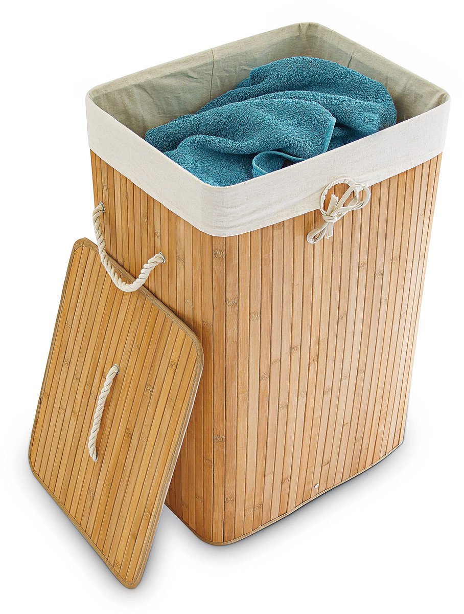 1x wasmand bamboe, met deksel, rechthoekig, 83 l, opvouwbare mand, HBD: 65,5 x 43,5 x 33,5 cm, natuur