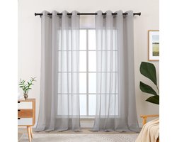 Gordijn grijs voor woonkamer raam, gordijn lichtgrijs met oogjes kort, transparante gordijnen voor slaapkamer keuken, set van 2 linnenlook rail panelen doorzichtig modern 175 cm
