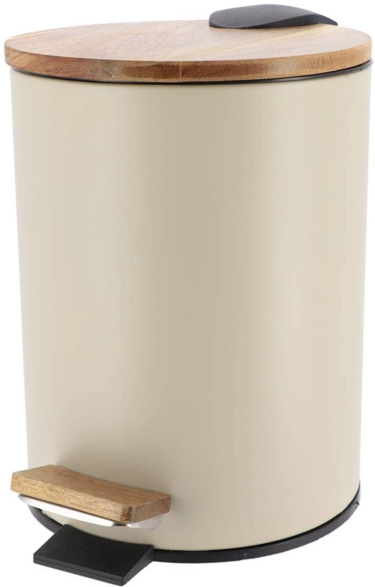 Kleine Metalen Afvalemmer met Acacia Hout en Valrem 2,5 Liter - Beige