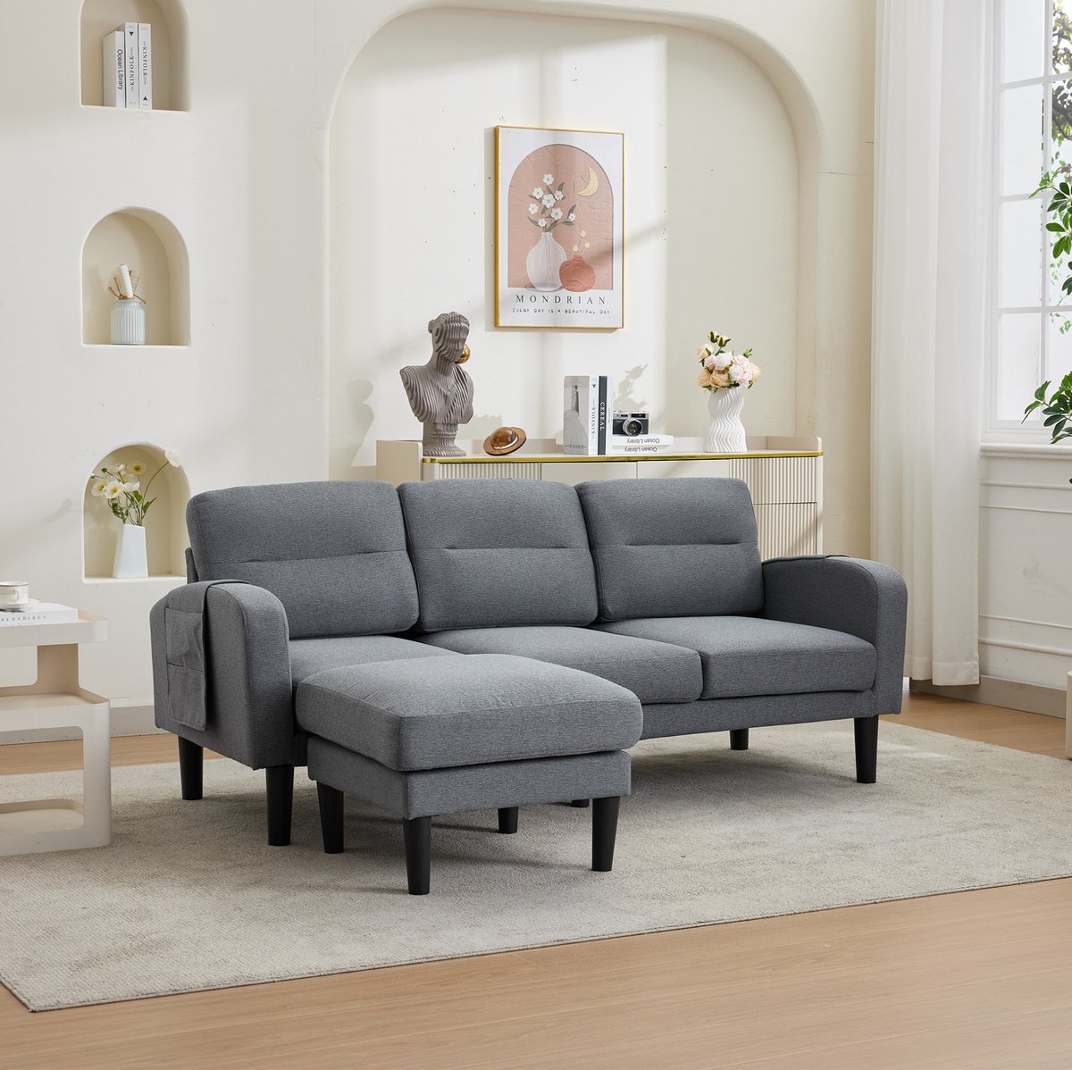 STILVORA Hoekbank 204 x 136 x 80 cm - 3-Zits Met Chaise Longue En Opbergvakken - Voor Woonkamer - Stof - Grijs