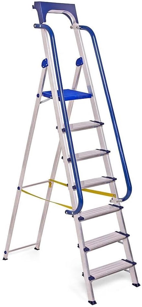 Aluminium Werkladder - Steigerladder Opvouwbaar - Veilig Klussen - Met Afneembare Gereedschapsbak - Platformhoogte 158 cm - Blauw Grijs