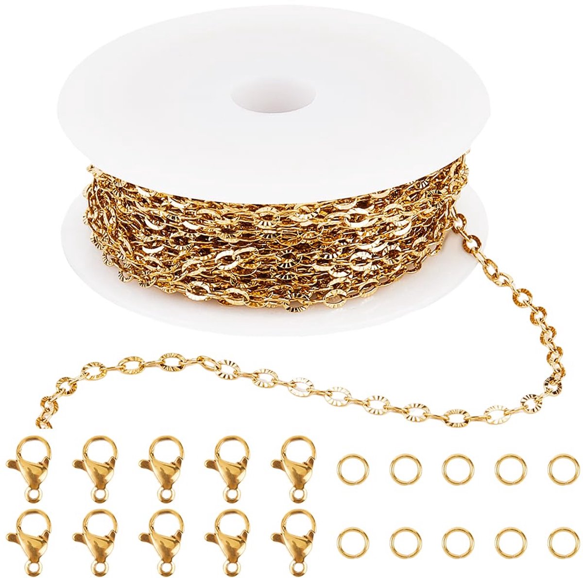 10 meter roestvrij stalen kettingrol Gouden kettingsets 3,5 meter metalen verlengconnectoren kettingen met spoel, open springringen, kreeftklauwsluitingen voor het maken van sieraden