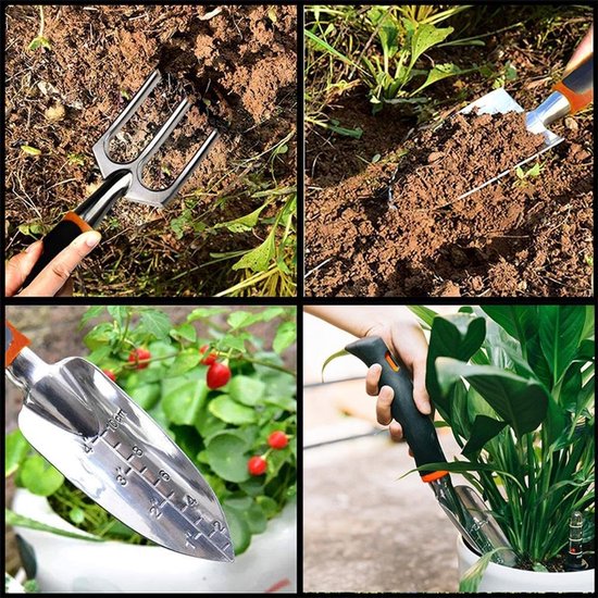 3-delige tuingereedschapset voor potplanten: kleine troffel, cultivator en schepje - Ideaal voor planten, grond losmaken en vetplanten (tuinierset voor thuis) - Oranje & Zwart van Merkloos	 — afbeelding 3