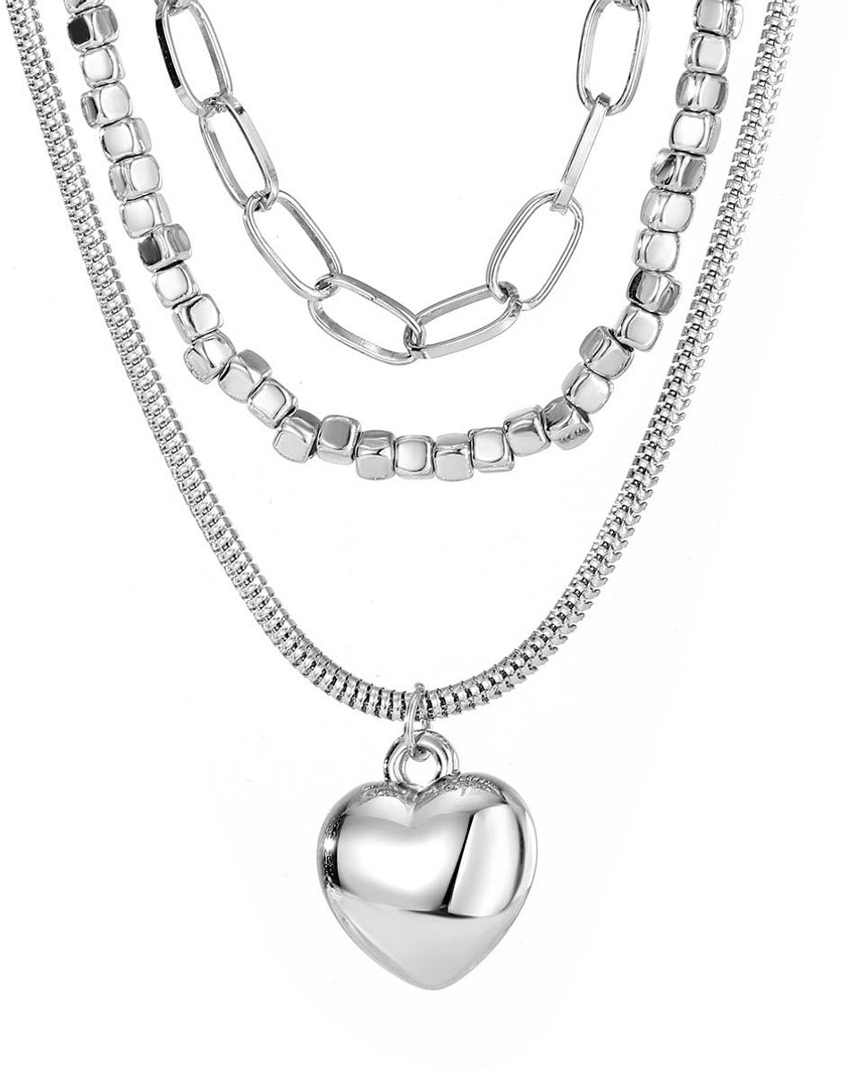 Halsketting met drie lagen van zilver met hartvormige hanger, schakelketting en parels, damessieraden, Regolabile, Zilver Metaal, Geen edelsteen
