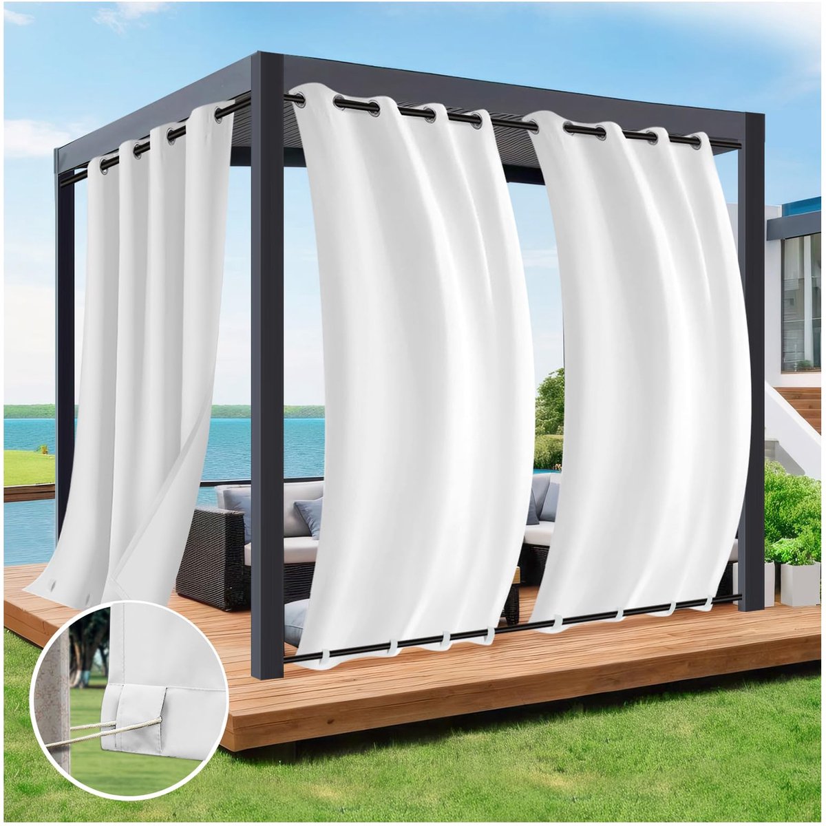 Gordijn voor buiten, waterdicht, ondoorzichtig, met thermische touw, hittebescherming, uv-bescherming, wit, buitengordijn met lus bovenaan, voor pergola, paviljoen enz. L 132 x H 244 cm, 2
