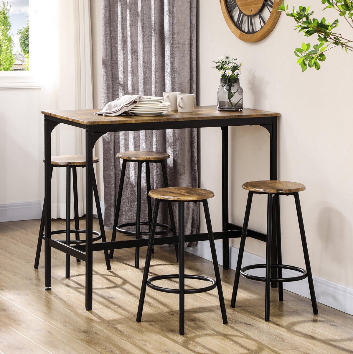 MEUNIQ bartafelset met 4 barhockers 110 x 50 x 89,5 cm industrieel keuken en bar set met houtlook tafelblad en zwart metalen frame, ruimtebesparend, bruin