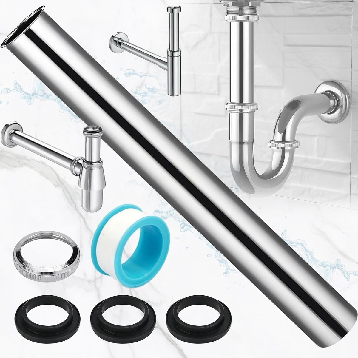 300 mm lange duiktube sifon voor drainage, chroom-plated sifon verlenging met rubberen afdichtingen en moederdeel