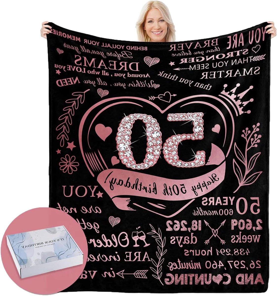 50e Verjaardag Deken - Cadeau Deken Vrouwen - Verjaardag Vieren - Met Geschenkdoos - 152 x 127 cm - Roze