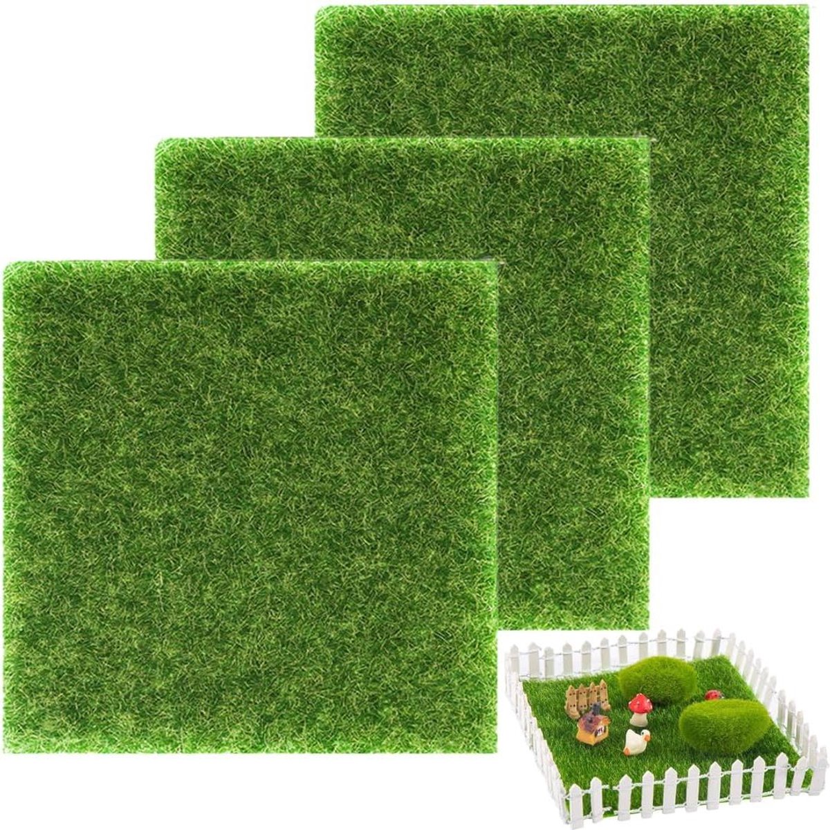 Kunstgras Tegels - Mos Decoratie - Miniatuur Tuin - Realistische Vormen - 15 x 15 cm - Groen