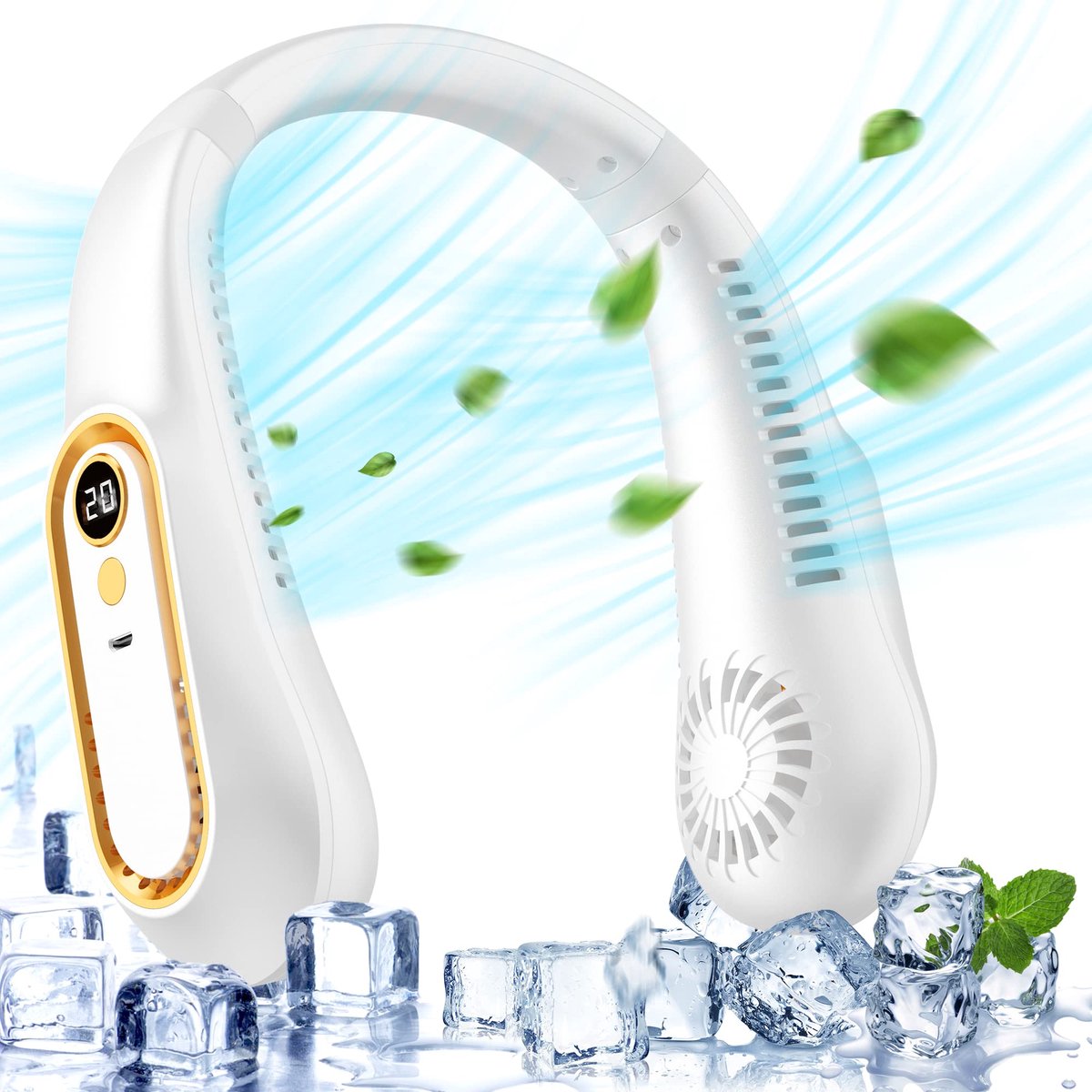 Draagbare nekventilator, 5 snelheden, instelbaar, USB-oplaadbare batterij, persoonlijke nekventilator voor dames en heren, kleine draagbare handsfree ventilator met LED-scherm en 720° koelende luchtstroom - wit