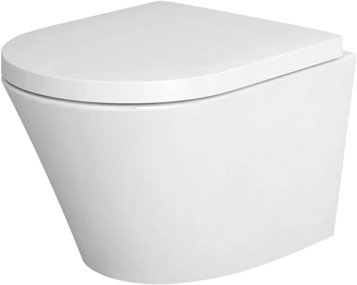 Wandtoilet Randloos - Hangend WC Verkort - Kleine Badkamer - Nano Coating - 475 cm Diep - Glanzend Wit