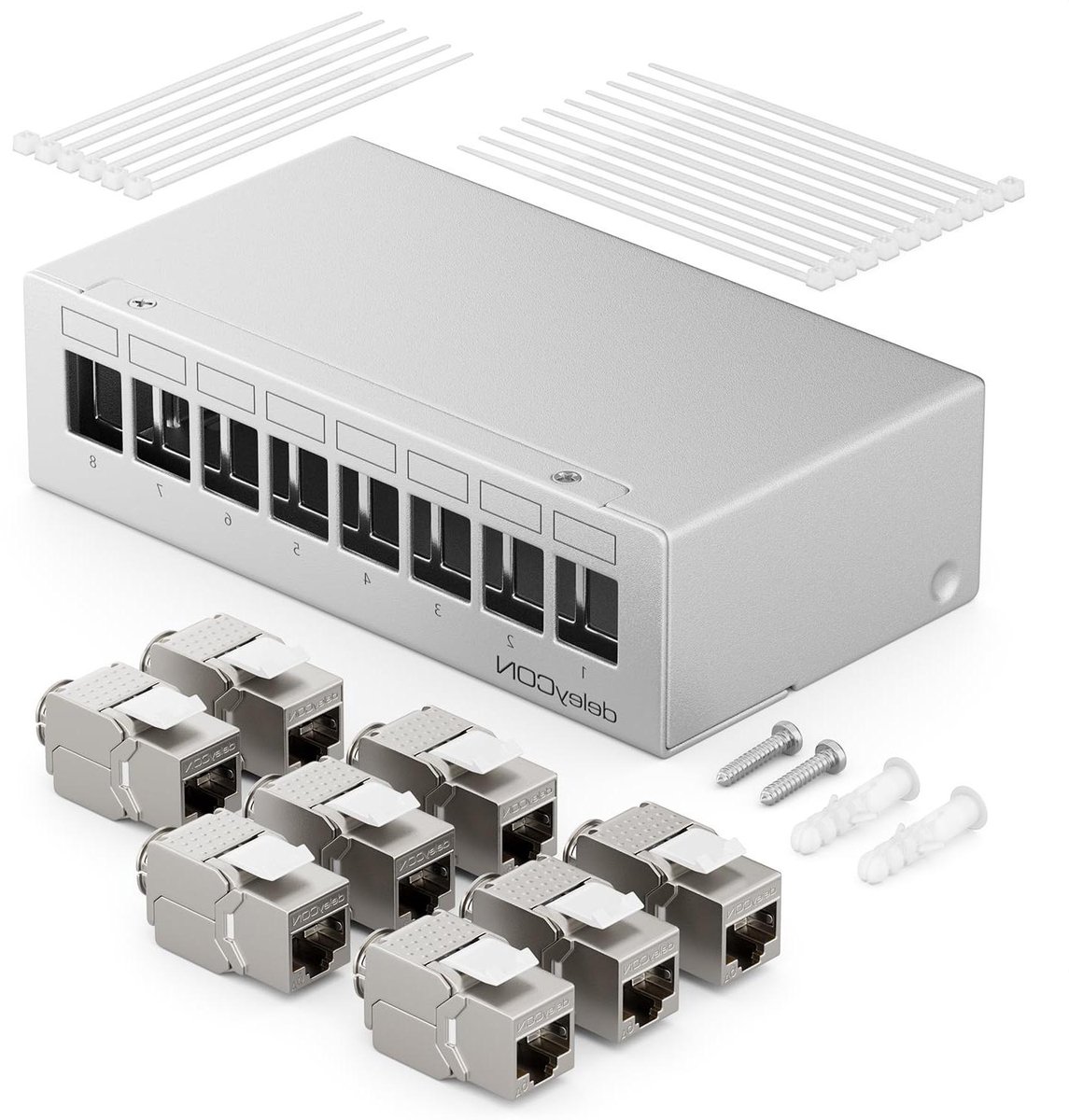 Patchpanel Set - Netwerk Verdeelveld - Netwerk Bekabeling - 8 Poorts RJ45 - 1HE - Grijs