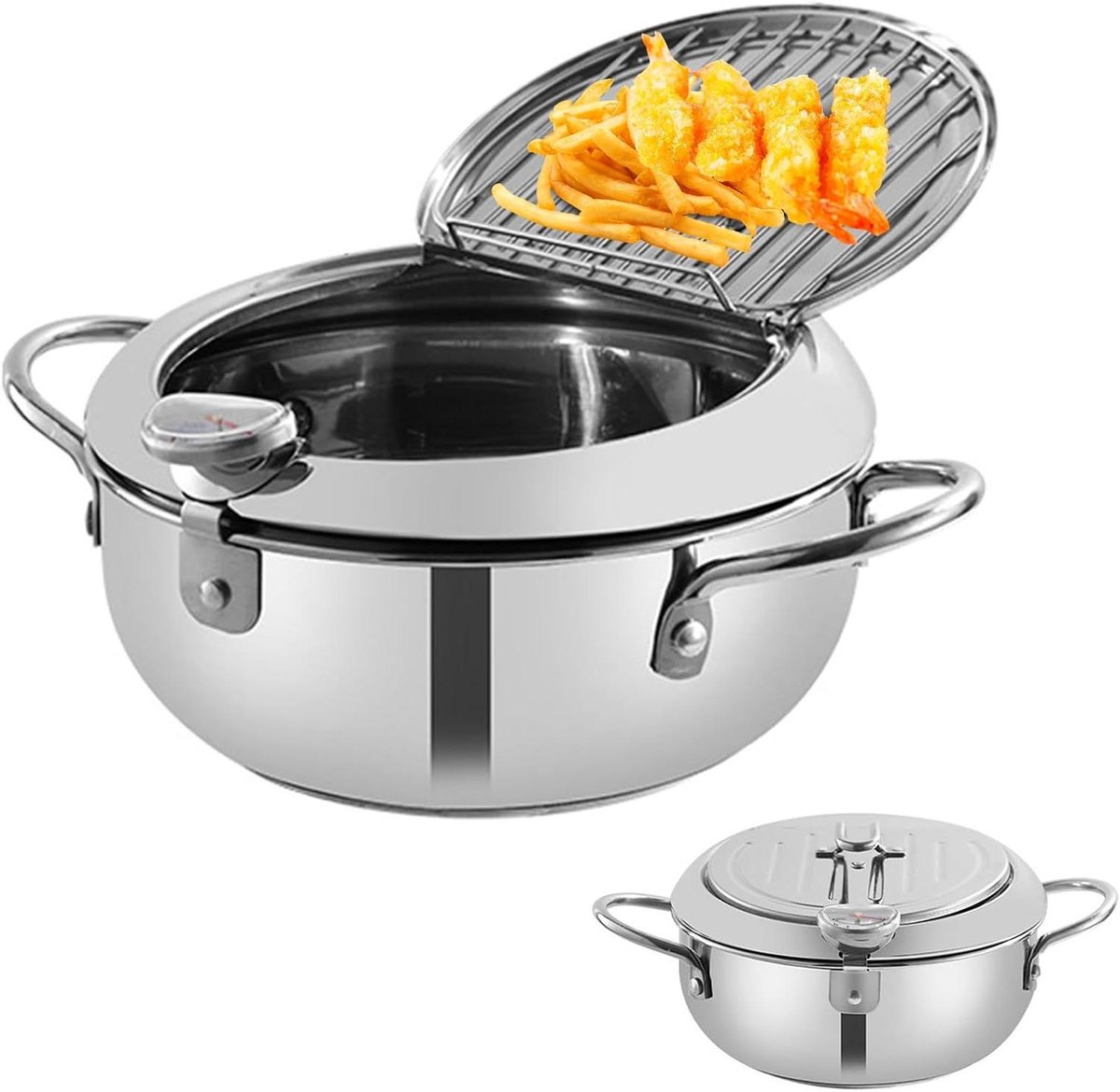Friteuse met Deksel - Frituurpan Koekenpan - Thuis Frituren - Met Thermometer - 20 cm - Zilver