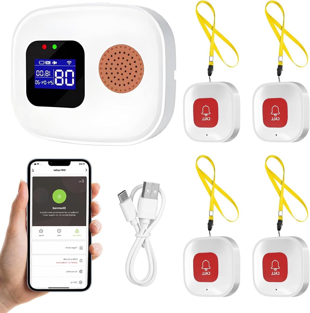 Noodoproep Systeem - Zorg Pager Alarm - Hulp Inroepen - Met WiFi App Melding - 4 knoppen 1 ontvanger - Wit
