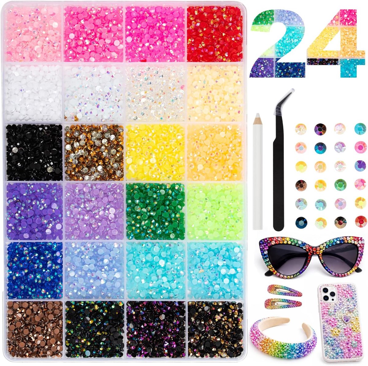 Bedazzling Kit met 24 Kleuren, 30000+ Stuks 3mm Flatback Strass voor Bedazzling met Pen, Bedazzler Edelsteenset voor het Maken van Nagelkunst, Sieraden, Kleding, Schoenen, Boek, Diamant - Geen