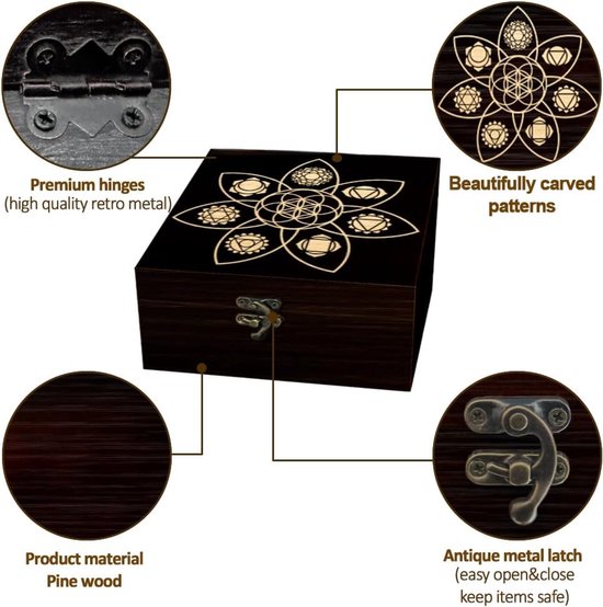 arricraft 1 stuk herinneringsdoos van hout, chakra met zeven bloemblaadjes, motieven, decoratieve doos, sieradenorganizer, houten doos, gegraveerd geheugen, met deksel voor het opbergen van — afbeelding 2