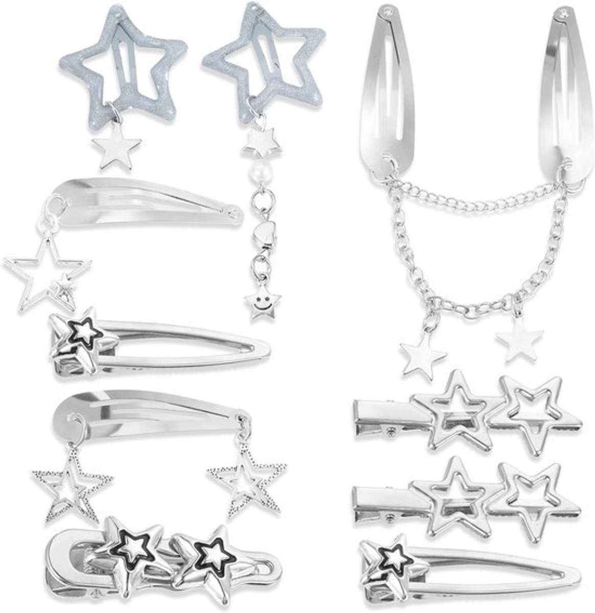 Kawaii Ster Haarspeldjes met Snap Sluiting - Retro Zilveren Haarclips voor Vrouwen, Perfect voor Feestjes, Concerten en Dagelijks Gebruik