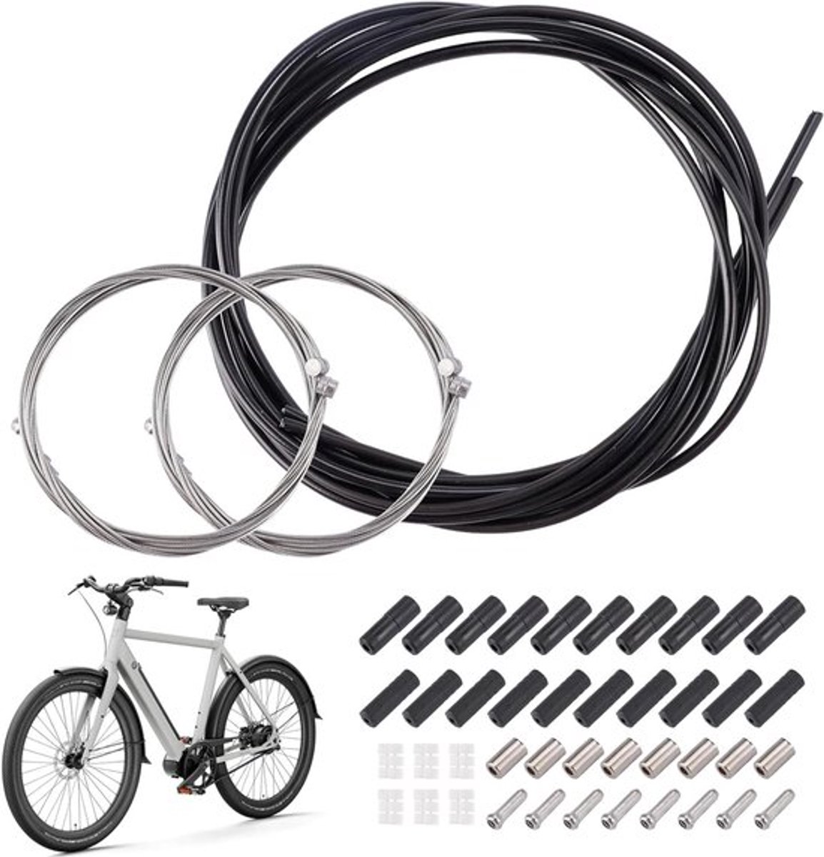 Universele Fietskabelset, 4-delig Rem- en Versnellingskabels voor Fietsen, Inclusief Bowdenkabel en O-Ringen, Geschikt voor Mountainbikes en Racefietsen, Zwart