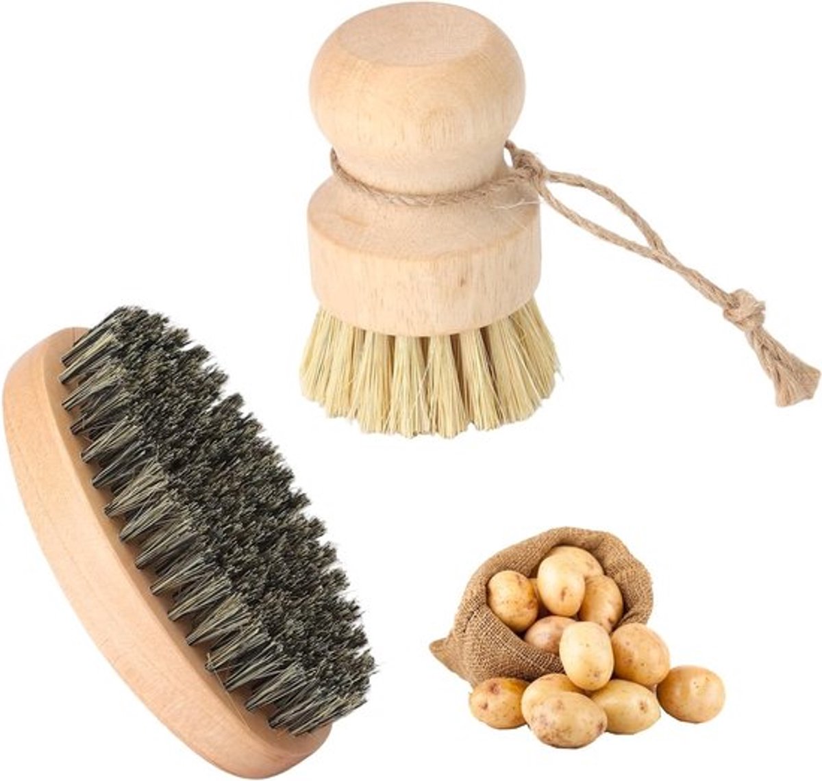 Set van 2 Natuurlijke Houten Keukenborstels voor Afwassen, Groenten en Pannen - Duurzaam en Sneldrogend