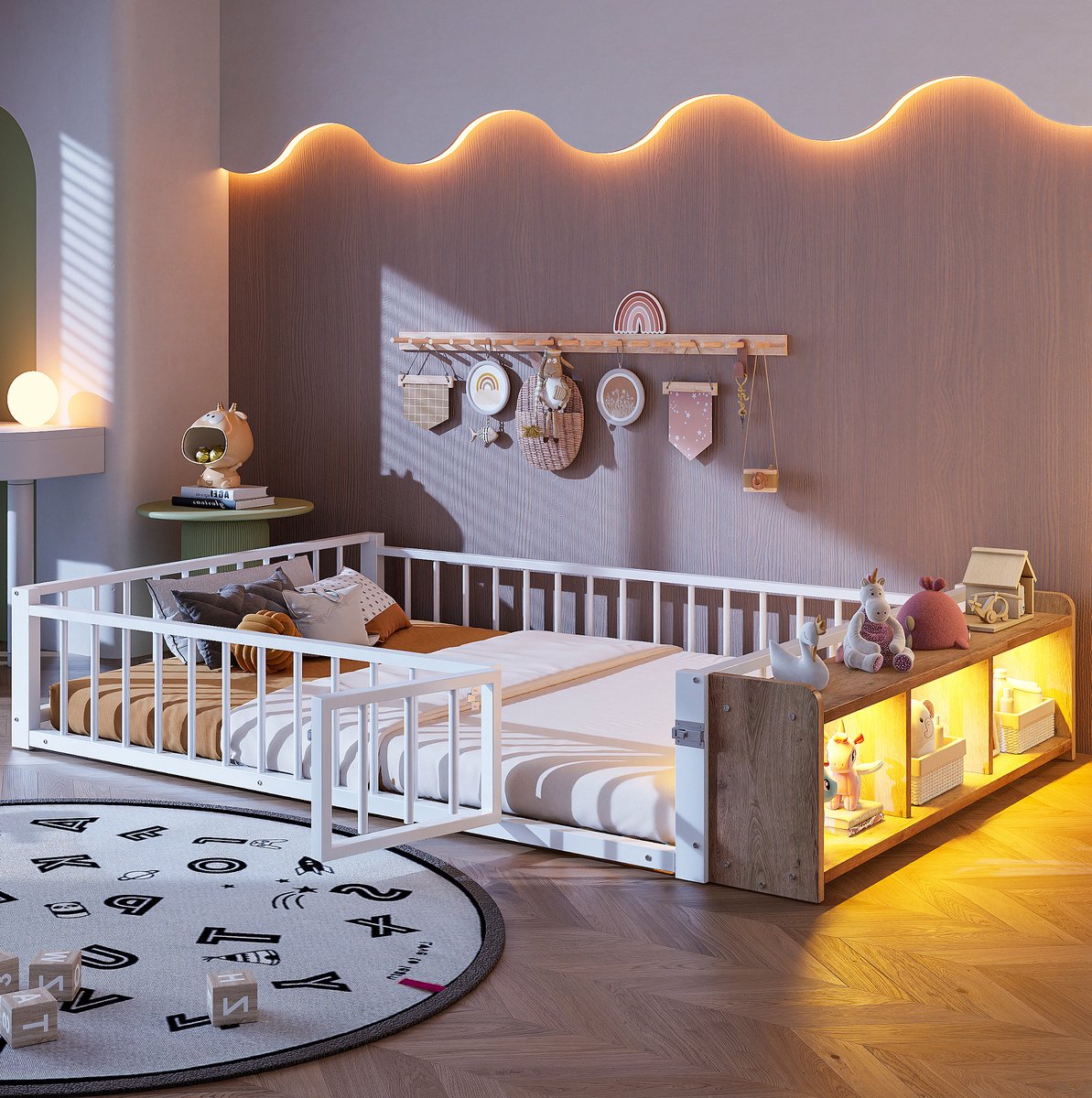 REDOM - Kinderbed - Metalen frame met beschermrails - Open opbergruimte en LED-verlichting - Kinderkamer - Metaal en MDF - Wit - 140 x 200 cm