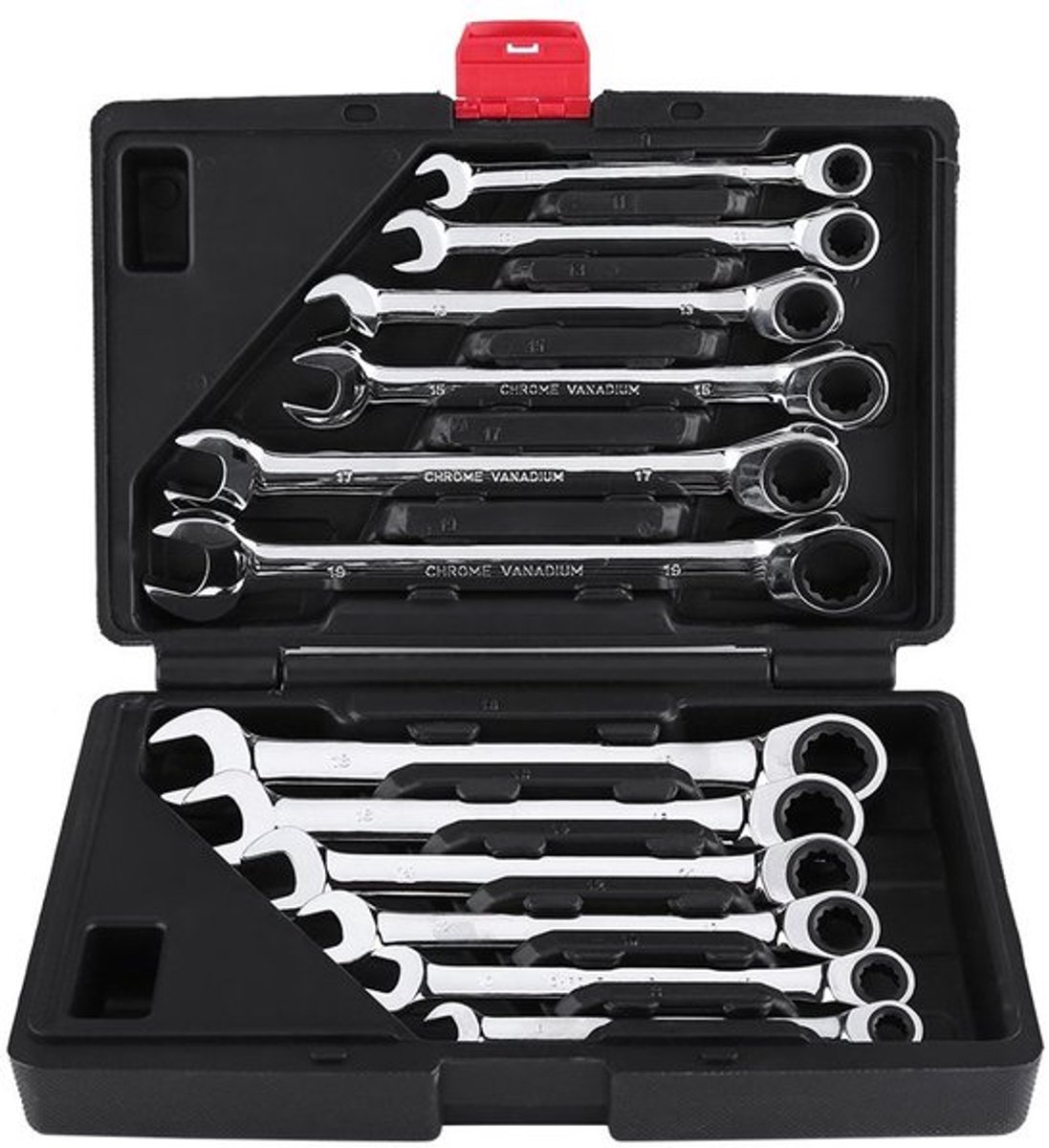 Ringsteeksleutelset 12-delig - 8-19 mm - Flexibele Ratelsleutel - Chrome-Vanadium - Inclusief Opbergtas - Schokbestendig - Steeksleutelset