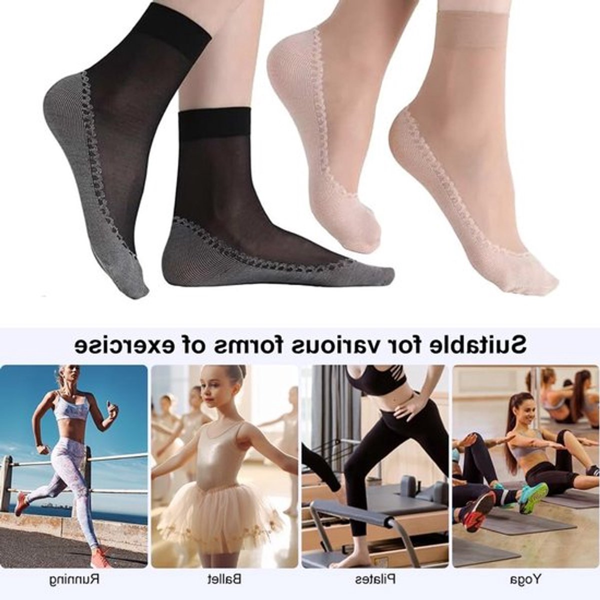 Transparante kniekousen voor dames, 4 paar met antislip katoen inlegzool, 4 kleuren beschikbaar, comfortabel en stijlvol