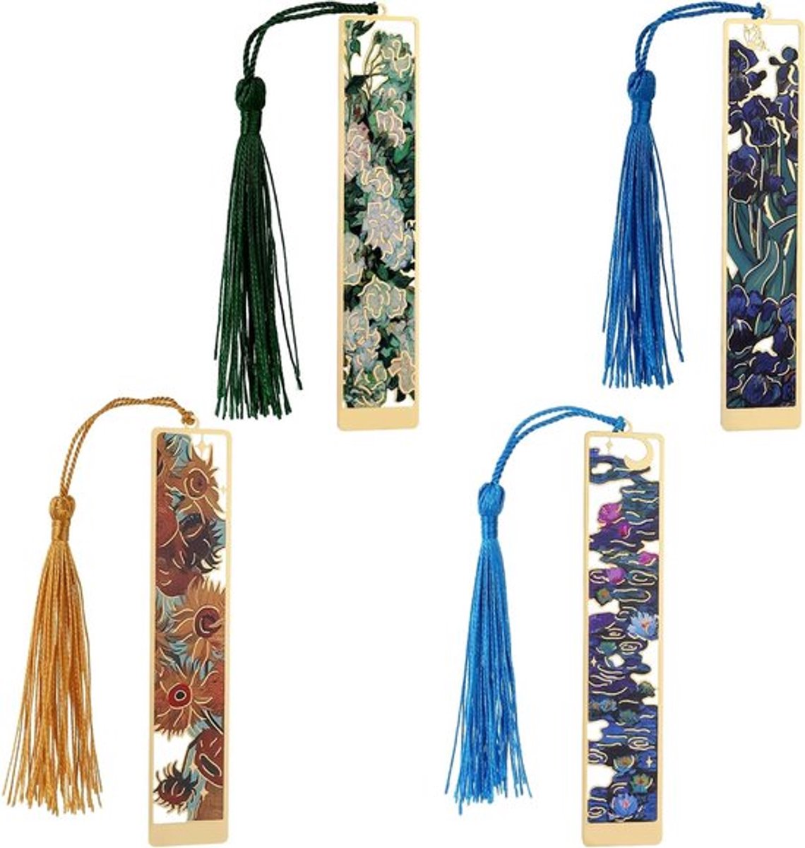 Set van 4 metalen boekenleggers met kwastje in Van Gogh-stijl, gouden holle boekmarkers voor boekenliefhebbers, perfect als cadeau voor lezers en kinderen