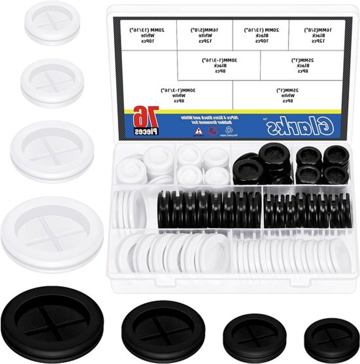76-delige set rubberen grommets van 16mm tot 30mm voor draadbescherming en afdichting, dubbelzijdige ronde pluggen en rubberen pakkingen