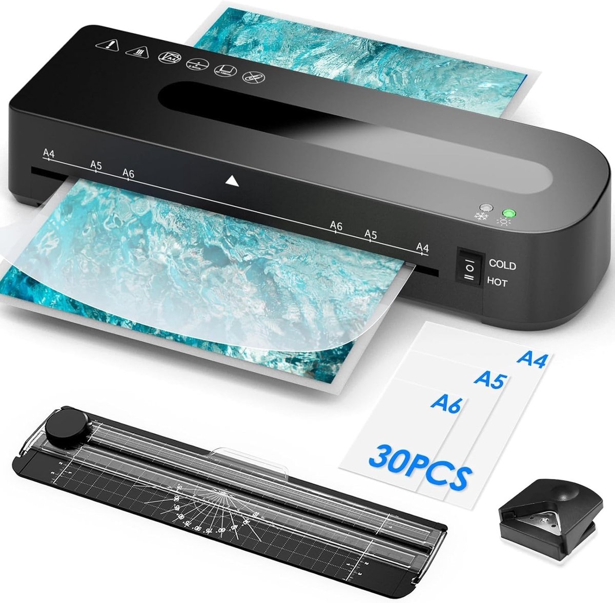 4-in-1 Laminator voor A4/A5/A6 - Snelle Verwarming, Warm en Koud Lamineren, Inclusief 30 Laminatiefilms en Papier Snijder