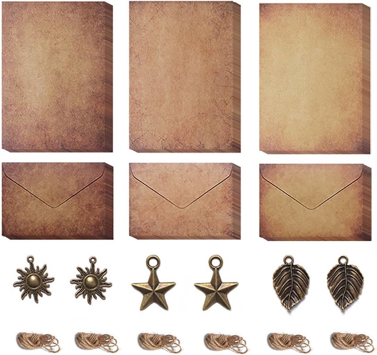 SnelShoppen - Vintage briefpapier en enveloppen set, 12 stuks, 6 retro design enveloppen, 6 metalen accessoires, 6 jute touw retro design enveloppen,