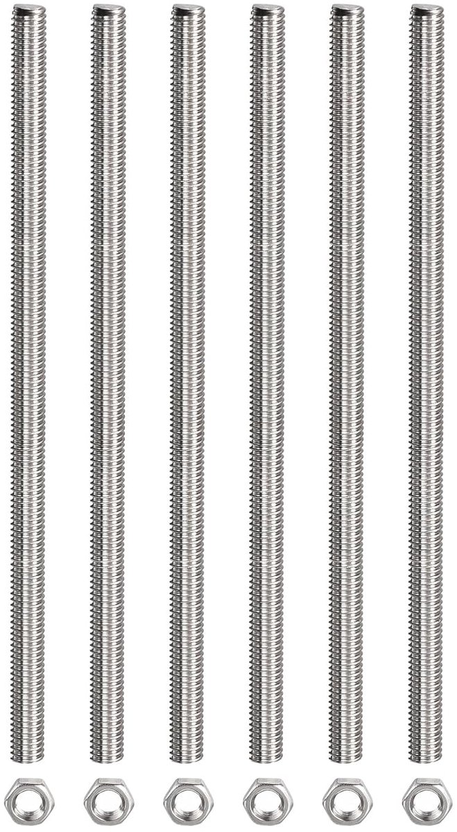SnelShoppen - Threaded Rod Complete met 6 Zeskantmoeren, RVS Draadbouten voor Bevestiging - M5 x 200 mm, 0.8 mm Draadstaaf/Zilver/Pakket van 6
