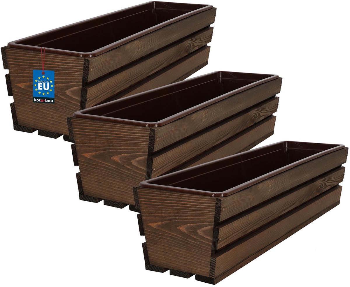 KOTARBAU® 3 Stuks - Houten Plantenbak - Bloembak Hout - met Kunststof Inzetstuk - Balkonbak - 60 x 18 x 15 cm - Bruin - voor Terras - Balkon - Deko Planten