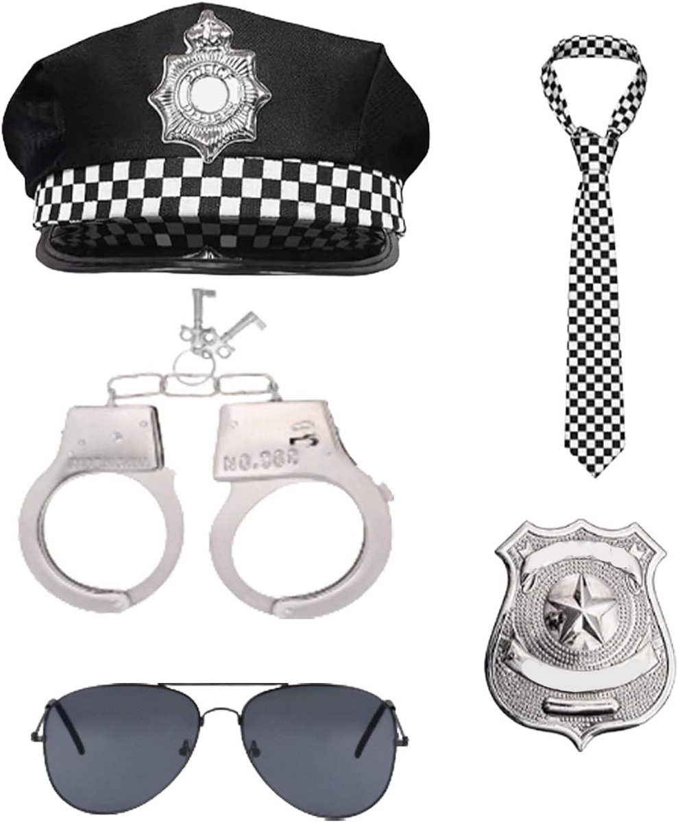 5-delige Politie Kostuum Accessoires voor Volwassenen met Politiehut, Zonnebril, Stropdas, Handboeien en Badge voor Halloween en Themafeesten