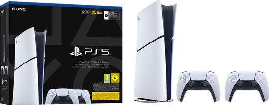 PlayStation 5 Digital Edition console in het wit en zwart, "PS5" logo, en twee witte DualSense controllers.
