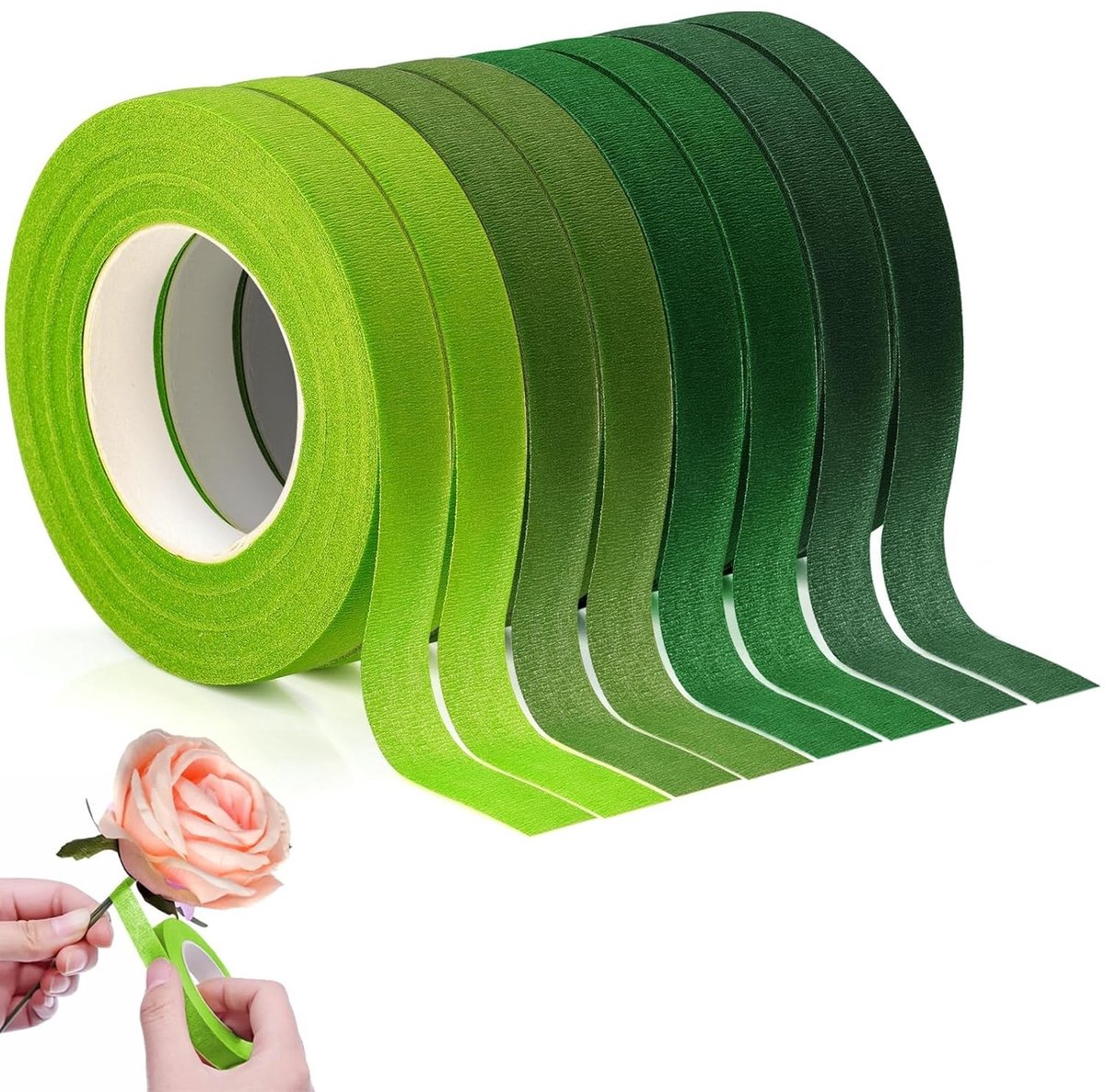 8 Stuks Bloemige Crepe Tape 215m - Groene Floristen Tape 12mm voor Bloemenboeketten, Verpakking en DIY Creaties