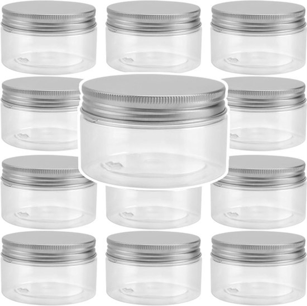 24 Stuks 100ml Doorzichtige Plastic Potjes met Zilveren Aluminium Deksel voor Specerijen, Crèmes en Lotionopslag