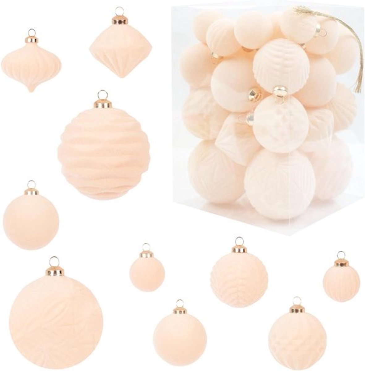 35 Stuks Fluwelen Kerstballen, Schokbestendige Decoratieve Ornamenten voor de Kerstboom, Feest- en Vakantiedecoratie in 11 Stijlen (Beige)