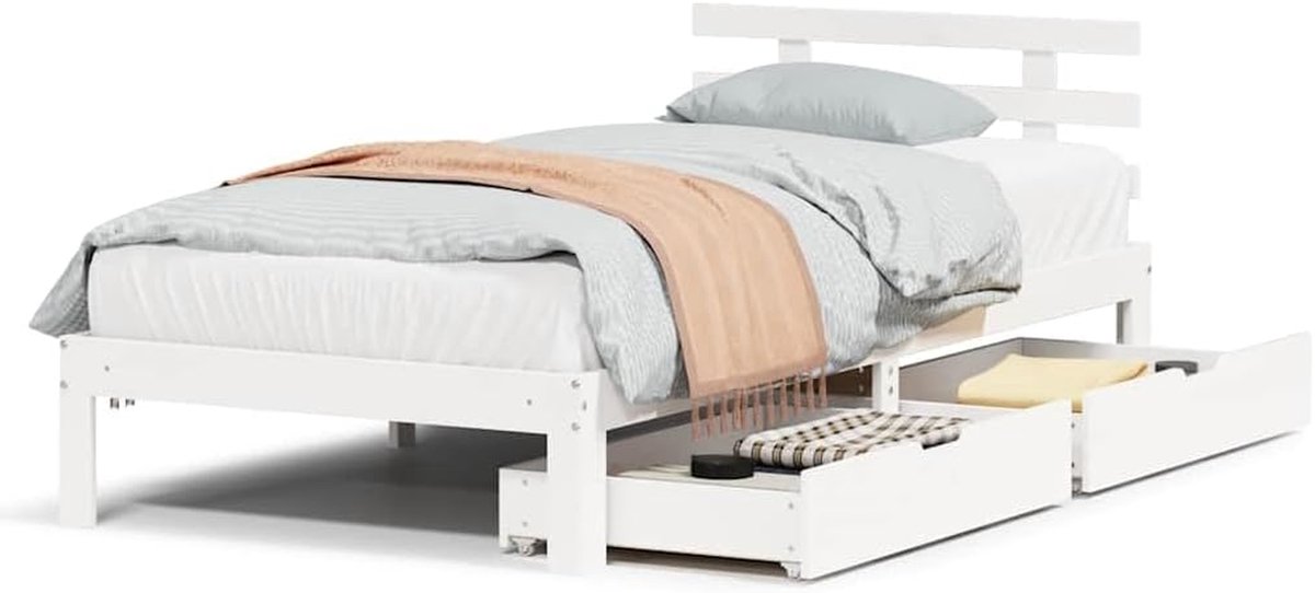 Massief Houten Bed - Eenpersoonsbed Grenen - Ruimte Besparen - Met Laden en Hoofdeinde - 90 x 200 cm - Wit