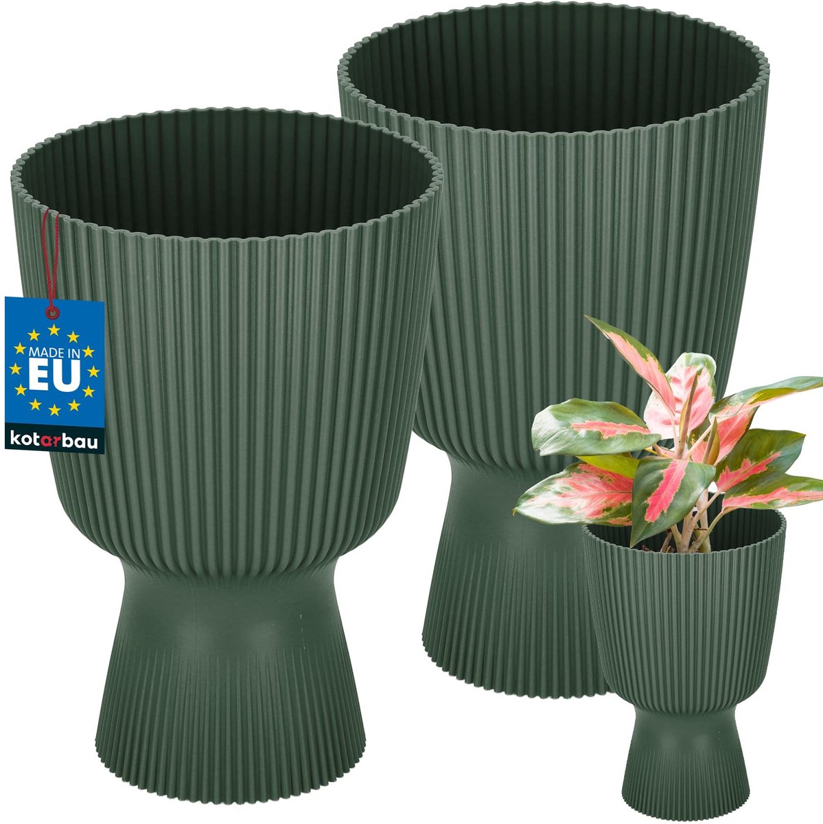 KOTARBAU® 2 Stuks - Bloempot - Plantenpot met Sokkel ⌀ 14 cm - PVC - Geribbelde Orchideeënpot - H: 21 cm - Groen - Kelkvorm