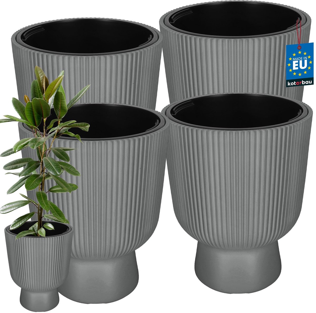 KOTARBAU® 4 Stuks - Bloempot - Plantenpot Ø 39 cm - met Binnenpot - Geribbelde Plantenbak - Plantenpot met Voet - Plantenbak - Kunststof - H: 49 cm - Grijs