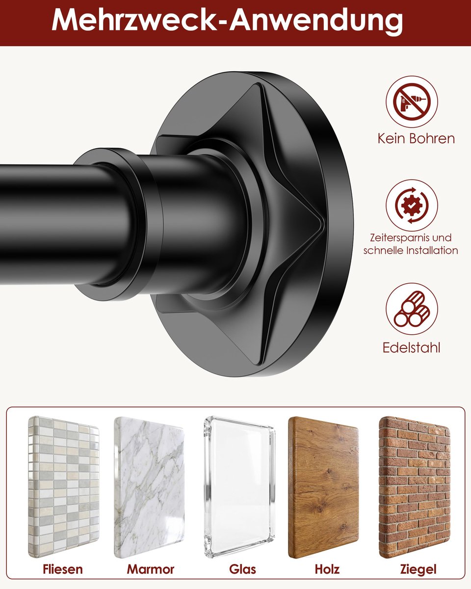 SnelShoppen - Douchegordijnstang Klemmen Roestvrij Staal 28 mm - Verstelbaar 76-340 cm - Gordijnroede Zonder Boren - Perfect voor Huurders - Zwart - B