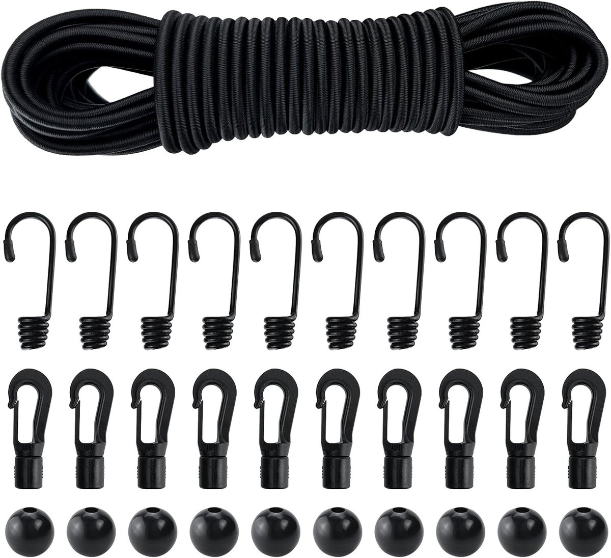 Elastisch Touw met Haken - Zwart - 10 m x 4 mm - Rubber Touwset met Spiraal- en Kunststof Haken - Voor Tenten, Camping en Transport