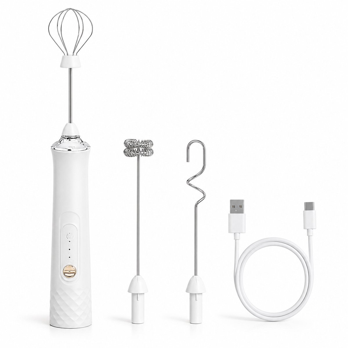 Bobypet - Elektrische Melkopschuimer Handheld - Oplaadbaar via USB-C - Met 3 Roestvrijstalen Gardes - 1200 mAh Accu - 3 Snelheden - Wit