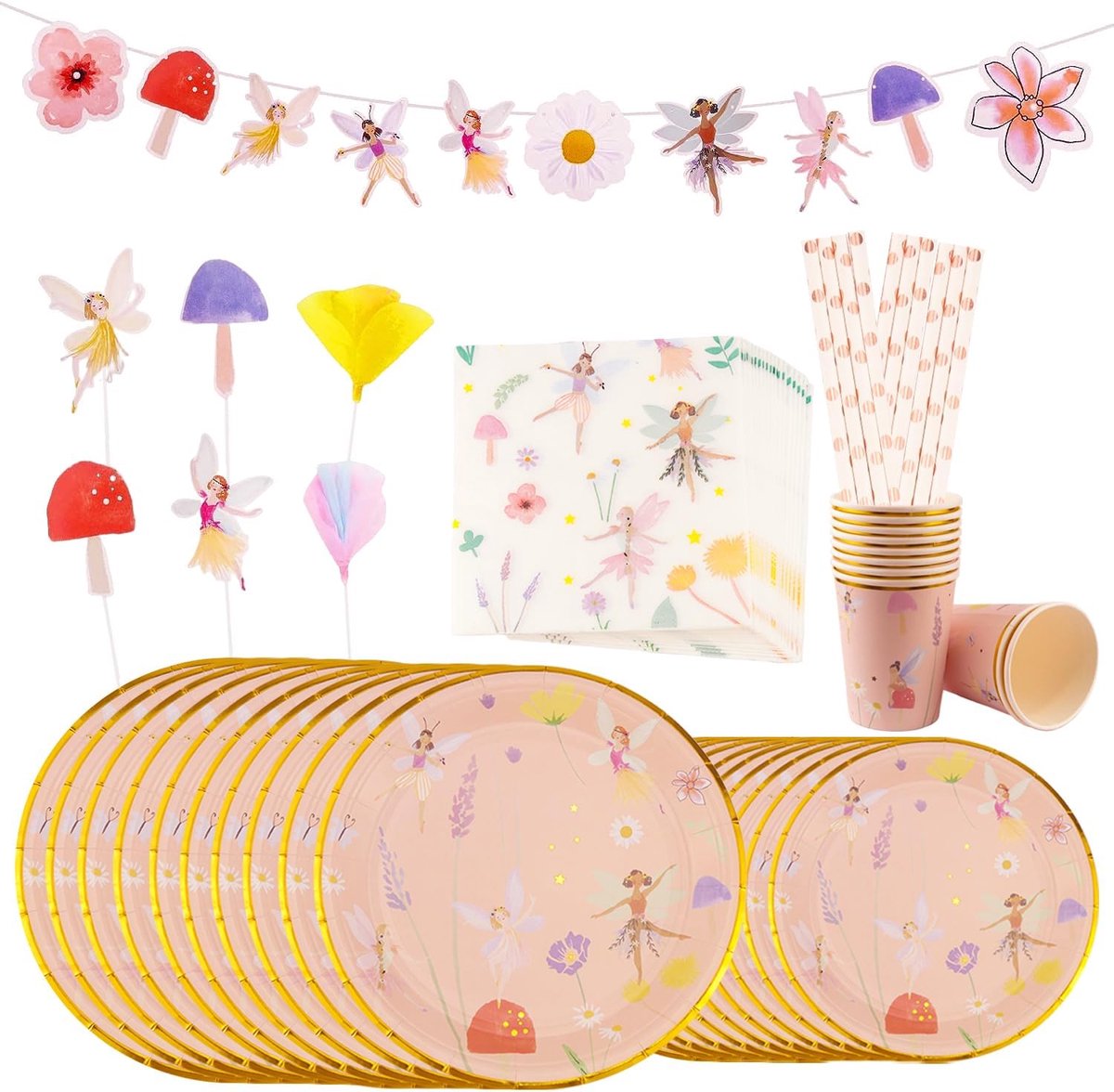 SnelShoppen - Party Tableware Set voor Kinderen, Feestelijke Verjaardagsdecoratie met Feeën, Kleurrijke Papieren Borden, Bekers, Servetten en Slurpers