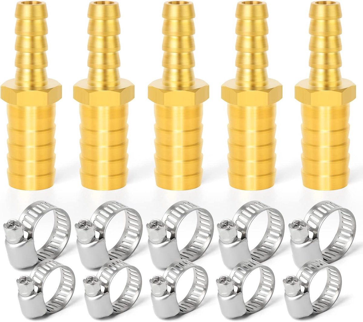 SnelShoppen - 5 Stuks 4mm x 8mm Messing Reducer Slang Connector, 2-Weg Rechte Slang Verbinding met 10 Stuks Klemmen voor Tuin, Camping en Keuken