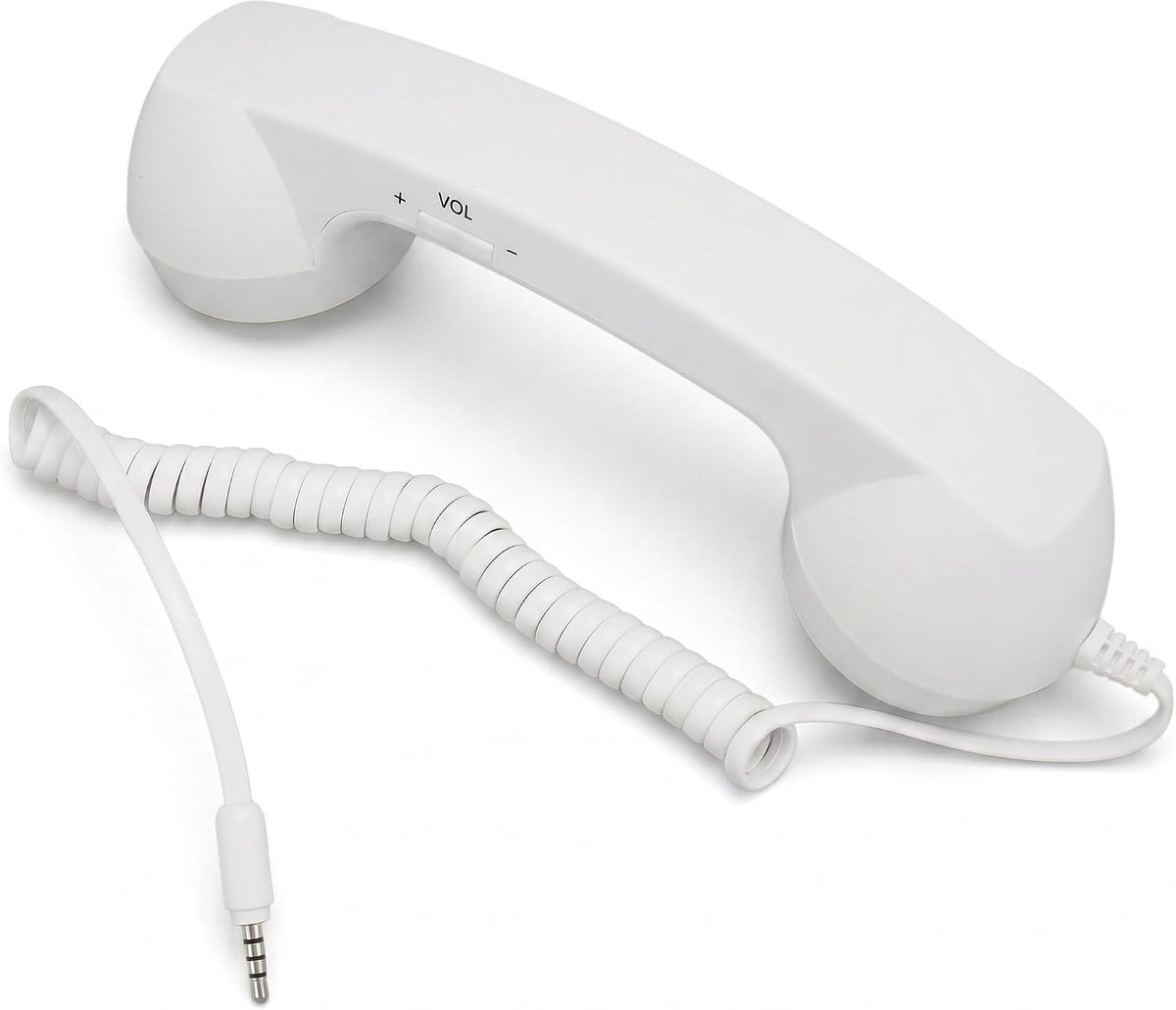 SnelShoppen - Retro Telefoon Hoorn 3.5Mm met 9ft Krullend Snoer, Volume Regelaar, Stralingsbestendig, Voor Smartphone en Computer (Wit)