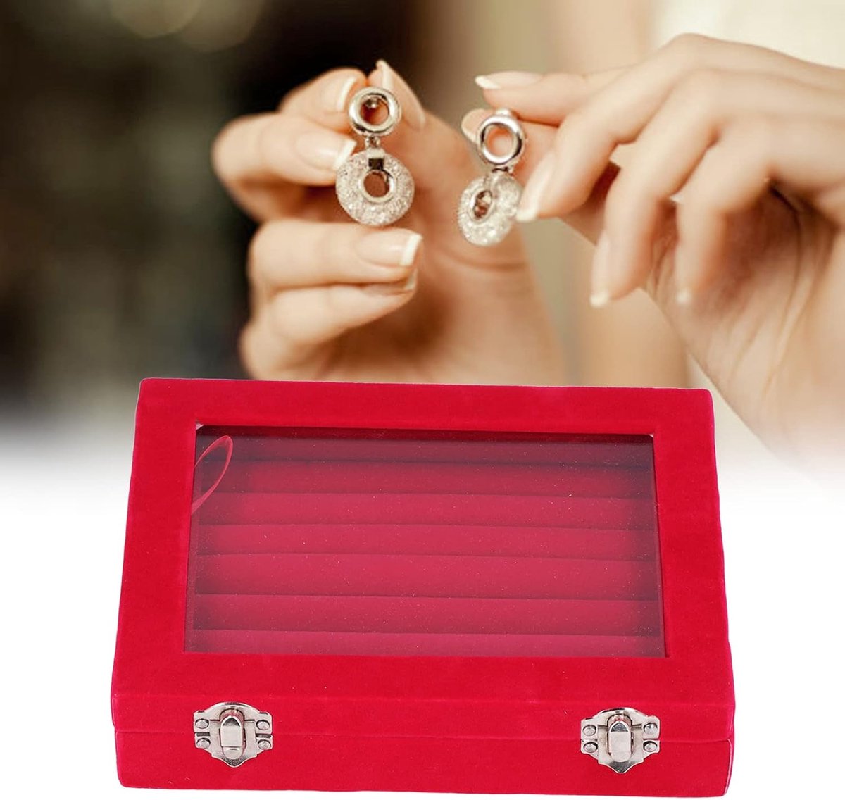 SnelShoppen - Ringen Organizer Tray, 7 Slots Velvet Sieraden Organizer met Duidelijke Deksel voor Oorbellen, Kettingen en Sieradenopslag (Rood)