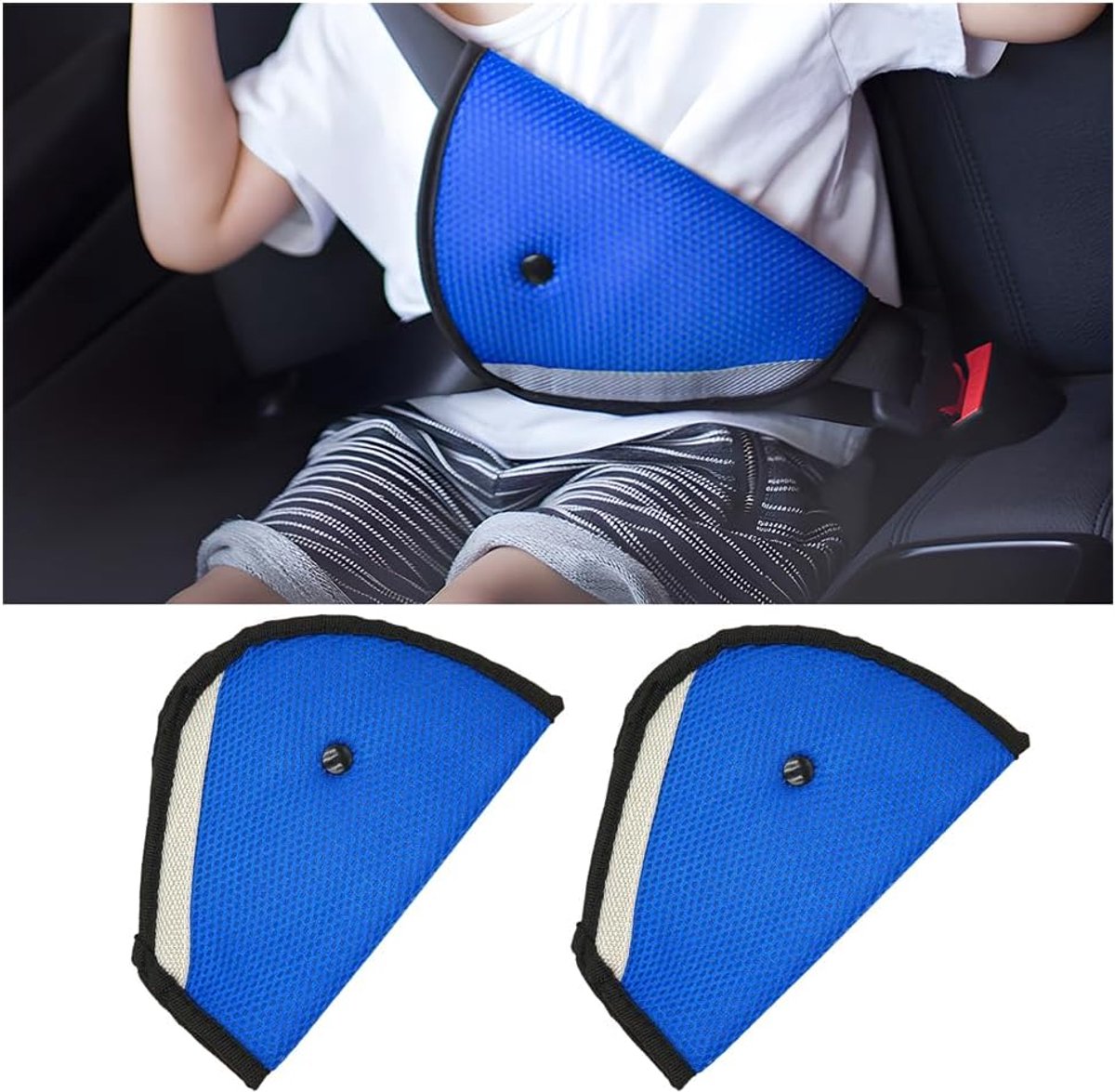 SnelShoppen - 2 Stuks Autogordel Pads voor Kinderen met Driehoek Bevestiger - Comfortabele en Ademend Materiaal - Veiligheidsgordel Set Deksel Blauw v