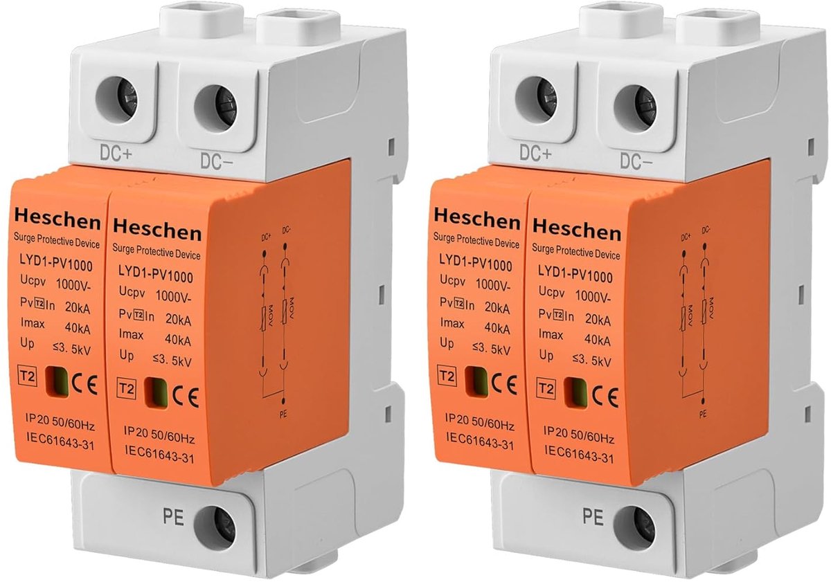 SnelShoppen - Overspanningsbeveiliging voor Zonnepanelen, 2P 1000VDC 20KA, 35mm DIN Rail Bevestiging, Duurzaam en Betrouwbaar